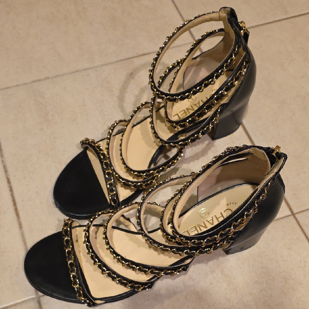 CHANEL Black and Gold Chain Heels